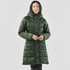 A green puffer jacket with a hood, featuring a long, quilted design and front pockets.
