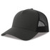 A trucker cap in black with a mesh back, featuring a solid front and a curved brim. It includes a logo.