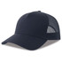 A navy trucker cap featuring mesh detailing and a curved brim. Includes a logo on the front.