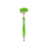 A green pen with a smiling character head and fuzzy green hair. It features a striped tie and has a logo.