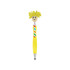 A yellow pen with a smiling face topper featuring fluffy hair and a striped tie. It has a logo on the barrel.