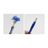 A blue pen with a smiling character topper featuring blue yarn-like hair and a striped design on the barrel.