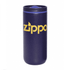 A drink bottle featuring a dark purple finish, with a logo on the side and a secured lid.