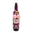 A drink bottle inside a purple custom knitted sleeve, featuring pink pom-poms and a heart design.