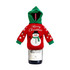 A drink bottle covered with a red and green knitted wine bottle cover featuring a snowman design.