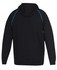 A black hoodie with contrasting blue stitching, featuring a hood and long sleeves. It has a logo on the back.