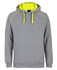 A grey hoodie featuring a contrasting neon yellow hood and detailing, complete with a front pocket and a logo.