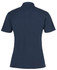 A navy blue ladies' polo shirt with a classic collar and short sleeves, featuring a logo on the back.