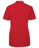 A red polo shirt featuring a collar and short sleeves, with a logo on the back.
