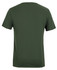 A green T-shirt is displayed, featuring a simple design and a logo on the back.