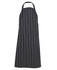 A striped black and white apron with a pocket and adjustable neck strap. It features a logo on the front.