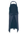 A navy and white striped apron with a tie waist and a neck loop, featuring a logo.