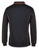 A black long-sleeve polo shirt featuring orange piping along the seams and a logo on the back.