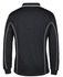 A black long-sleeve polo shirt with white piping details and a collar, featuring a logo on the front.