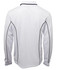 A white long-sleeve polo shirt featuring black piping along the seams and a logo on the chest.