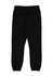 A pair of black kids' track pants with a relaxed fit and a rear pocket. Includes an elastic waistband.
