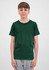 A youth short sleeve tee in dark green, displayed on a model wearing grey shorts. The shirt has a simple design and branding.