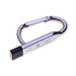 A metallic silver carabiner USB flash drive with a distinctive shape, featuring a small branding logo.