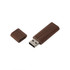 A rounded wooden flash drive in a rich brown hue, with a removable cap. It features a sleek, minimalist design and a logo.