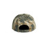 A camo cap featuring a blend of greens and browns, with a brass fastening at the back and a logo.
