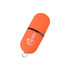 An orange flash drive in a capsule shape with a logo, featuring a keyring attachment.