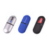 Three oval-shaped flash drives in silver, blue, and black, each with a logo and a metallic finish.