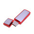 A red and silver USB flash drive with a removable cap, featuring a sleek design and a logo.