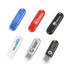 A collection of six flash drives in red, blue, black, grey, white, and clear, featuring various logos.