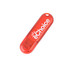 A red flash drive with a rounded design and a branded logo on the surface.