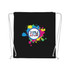 A black drawstring cotton bag featuring a colourful splash design and a logo in the centre.