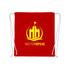 A red drawstring cotton bag featuring a logo with yellow detailing and white drawstrings.
