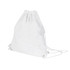 A white drawstring cotton bag with gathered top and cords for closure, featuring a logo.