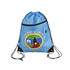 A blue polyester drawstring bag featuring a zippered pocket and a logo on the front.