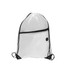 A transparent white polyester drawstring bag with a zippered pocket and black accents. It features a logo.