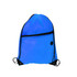 A blue polyester drawstring bag featuring a zippered pocket and black trim, with a logo on it.