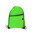 A bright green polyester drawstring bag featuring a zippered pocket and adjustable straps, complete with a logo.