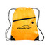 A yellow polyester drawstring bag features a zippered pocket and black accents, along with a logo.