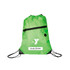 A green polyester drawstring bag featuring a zippered pocket and a logo, with black drawstrings.