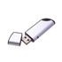 A silver flash drive with a removable cap, featuring a sleek design and a small branding logo.