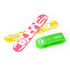 Three silicone magnetic clips in pink, yellow, and green, featuring cat designs and a branding logo.