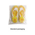 A pair of yellow EVA platform thongs with a playful pattern, packaged in clear plastic.