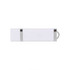 A white flash drive with a sleek design and a silver accent, featuring a small loop for attachment.
