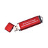 A red flash drive with a metallic finish and a removable cap, featuring a logo and website information.