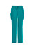 A pair of teal women's straight leg scrub pants with side pockets and a drawstring waist. Features a logo.