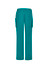 Teal women's straight leg scrub pants featuring side pockets and an elastic waistband. Includes a branding logo.