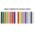 A selection of 18 nylon strips in various colours, showcasing options for a product. Each strip is a different shade.