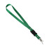 A green lanyard with a clip and buckle, designed for holding items securely.