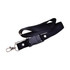 A black lanyard with a clip and buckle, designed to hold a flash drive securely.