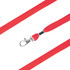 A red bootlace lanyard with a silver clip, featuring a textured design and padded section.