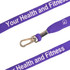 A purple bootlace lanyard with a metal clip, featuring text along its length and a logo.